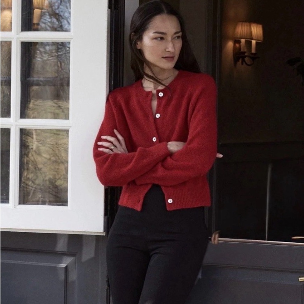 DOEN Petra Wool Blend Cardigan Sweater Size Small Red Cerise